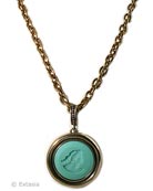 From our Marlene Collection, shown with our opaque Mint hand-pressed German glass intaglio, a clean and stylish pendant necklace in a great color for Spring. The substantial pendant is 1 1/2 inches in diameter. The medium weight bronze chain is fashionably long at 26 inches. This has been one of our most popular new necklaces of the season. Very pretty. Mint is a fresh turquoise shade, opaque. Also available in many other colors by request. Call or email. Bronze, each necklace hand made to order in the USA.