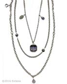 You could spend days shopping for the perfect necklaces to create this look. Extasia has done it for you. Shown in Silver Plate, four strands of freshwater pearl and briolite accented chain with an octagonal transparent Periwinkle German glass intaglio. Pendant is 3/4 inch wide. 16 inches to 33 inches in length. Shown in Silver Plate over bronze. Each necklace made to order in the USA from the world's finest materials.