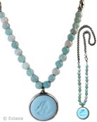 Opaque Pale Blue German glass intaglio hangs from hand knotted Blue Dyed Agate beads. In combination with our pony chain. Pendant is 1 1/4 inches in diameter. Necklace measures 21 inches in length. Shown in Silver Plate. Each necklace made to order in the USA.