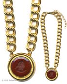 A statement necklace with our opaque Marsala German glass intaglio. Large pendant is just over 1 1/2 inches in diameter. Necklace measures 17 inches with a 3 inch adjustor to extend it to 20 inches. Shown in Gold Plate. Each necklace made to order in the USA.