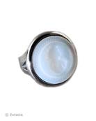 Now in Sterling Silver, new color for this popular statement ring. Hand pressed translucent Milkglass German glass intaglio ring is 1 inch in diameter, and is considered a large ring. Simple split shank design. Each ring made to order in the USA.