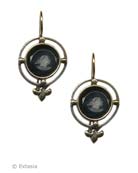 From our Victorian Garden Collection, a darling small earring shown with our opaque Jet German Glass intaglio. Open metal setting with tiny Fleur de Lis accent. Between 1/2 and 3/4 inches in diameter. 