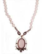 Rose quarts faceted beaded necklace features one large Demeter cameo in Pink and two small intaglios in periwinkle. Beautifully feminine for Springs. rn