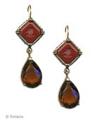 From our classic Kyros Collection, opaque Marsala German glass intaglio earring. Our popular drop earring measures 1 1/2 inches tall. Marsala, a deep brick color, and transparent Madeira drop. French hook, bronze. 